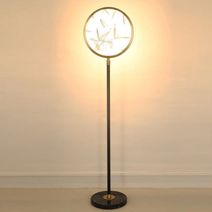 Traditional Chinese Bamboo Leaf Round Shade in Metal & Glass LED Standing Floor Lamp For Living Room