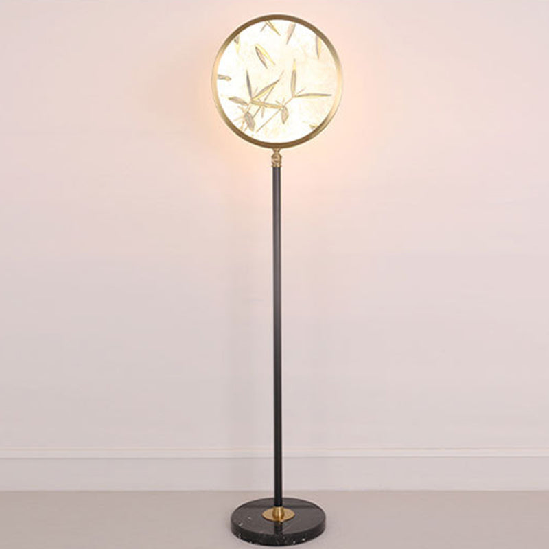 Traditional Chinese Bamboo Leaf Round Shade in Metal & Glass LED Standing Floor Lamp For Living Room