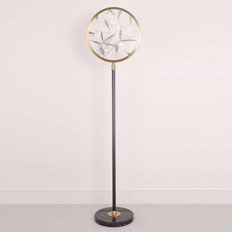 Traditional Chinese Bamboo Leaf Round Shade in Metal & Glass LED Standing Floor Lamp For Living Room