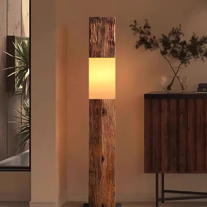 Vintage Solid Wood LED Floor Lamp – Distressed Rectangular Pillar Design for Living Room