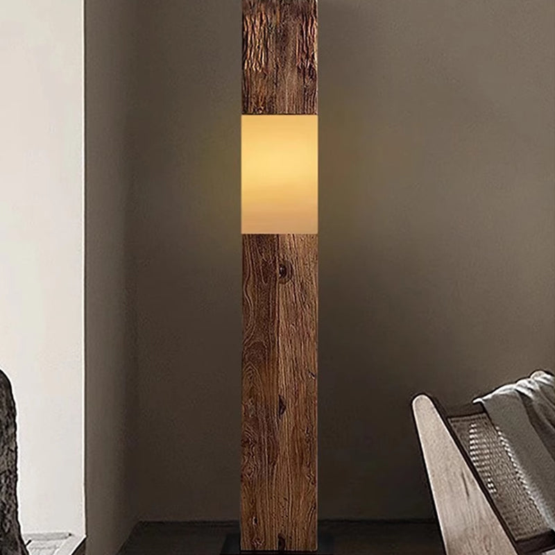 Vintage Solid Wood LED Floor Lamp – Distressed Rectangular Pillar Design for Living Room
