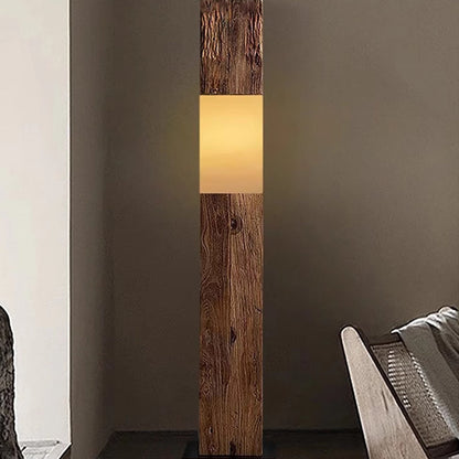 Vintage Solid Wood LED Floor Lamp – Distressed Rectangular Pillar Design for Living Room