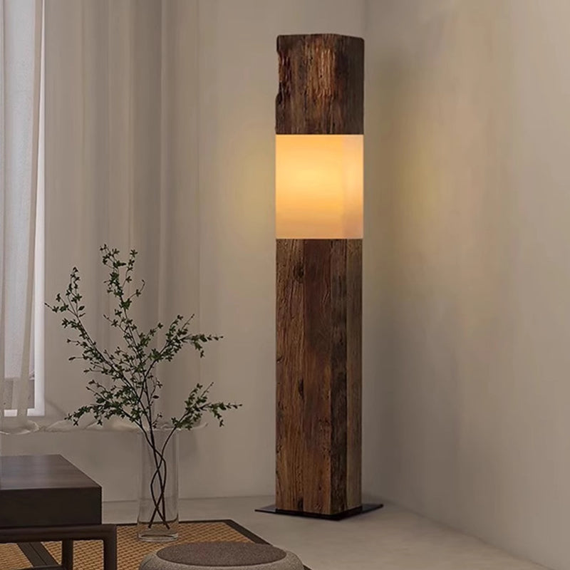 Vintage Solid Wood LED Floor Lamp – Distressed Rectangular Pillar Design for Living Room