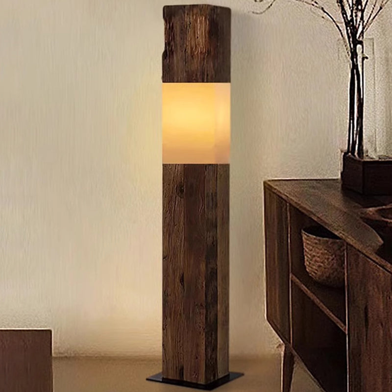 Vintage Solid Wood LED Floor Lamp – Distressed Rectangular Pillar Design for Living Room