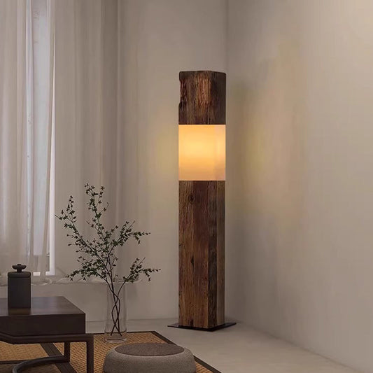 Vintage Solid Wood LED Floor Lamp – Distressed Rectangular Pillar Design for Living Room