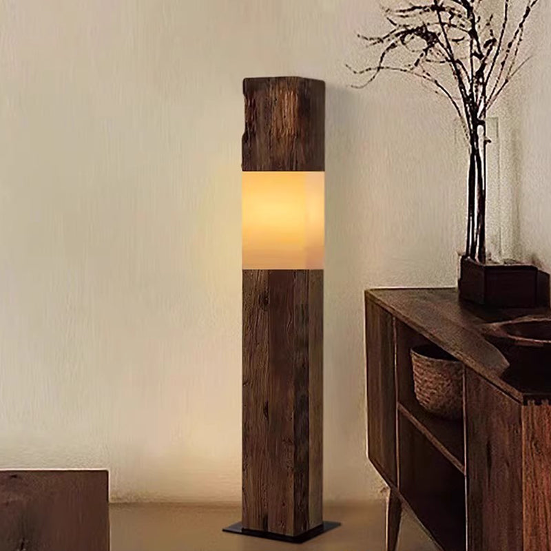 Vintage Solid Wood LED Floor Lamp – Distressed Rectangular Pillar Design for Living Room