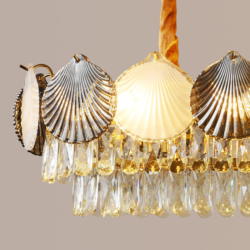 Contemporary Nordic 8-Light Rectangular Chandelier with Shell Ring Shade – Iron & Glass Dining Island Light