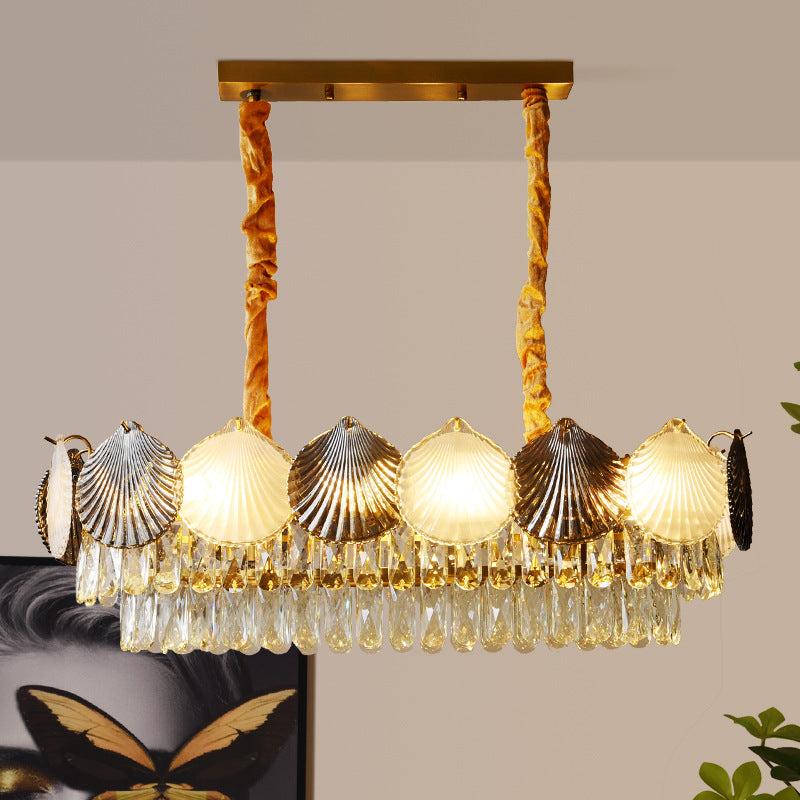 Contemporary Nordic 8-Light Rectangular Chandelier with Shell Ring Shade – Iron & Glass Dining Island Light