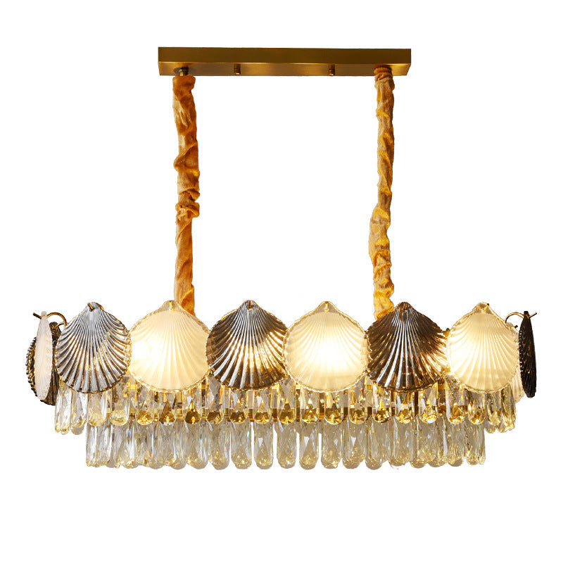 Contemporary Nordic 8-Light Rectangular Chandelier with Shell Ring Shade – Iron & Glass Dining Island Light