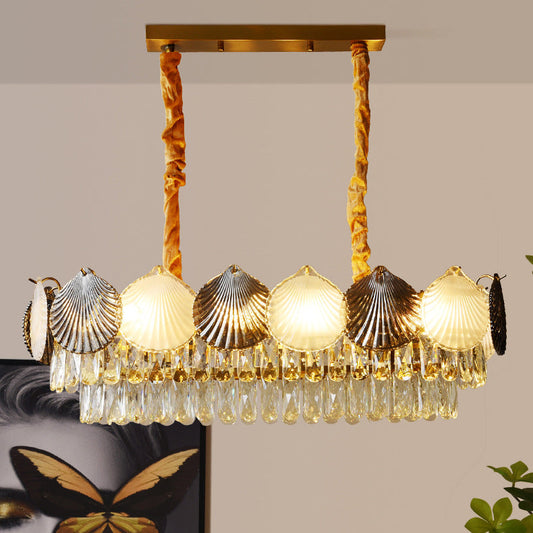 Contemporary Nordic 8-Light Rectangular Chandelier with Shell Ring Shade – Iron & Glass Dining Island Light