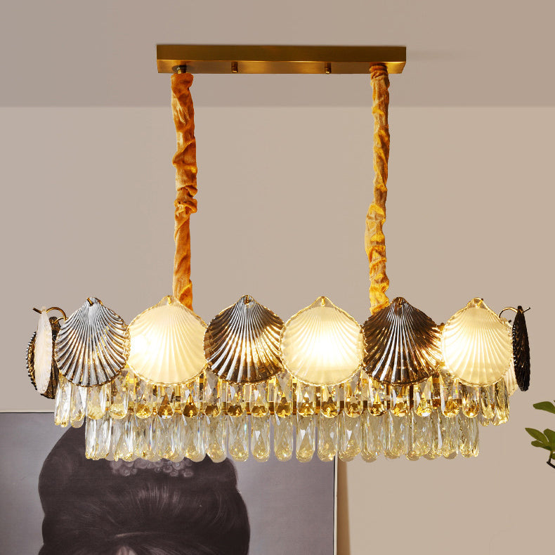 Contemporary Nordic 8-Light Rectangular Chandelier with Shell Ring Shade – Iron & Glass Dining Island Light