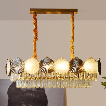 Contemporary Nordic 8-Light Rectangular Chandelier with Shell Ring Shade – Iron & Glass Dining Island Light