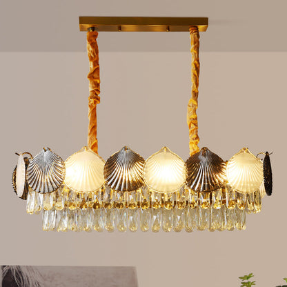 Contemporary Nordic 8-Light Rectangular Chandelier with Shell Ring Shade – Iron & Glass Dining Island Light