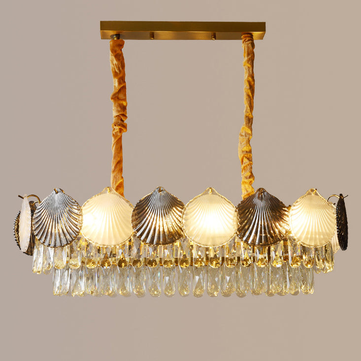 Contemporary Nordic 8-Light Rectangular Chandelier with Shell Ring Shade – Iron & Glass Dining Island Light