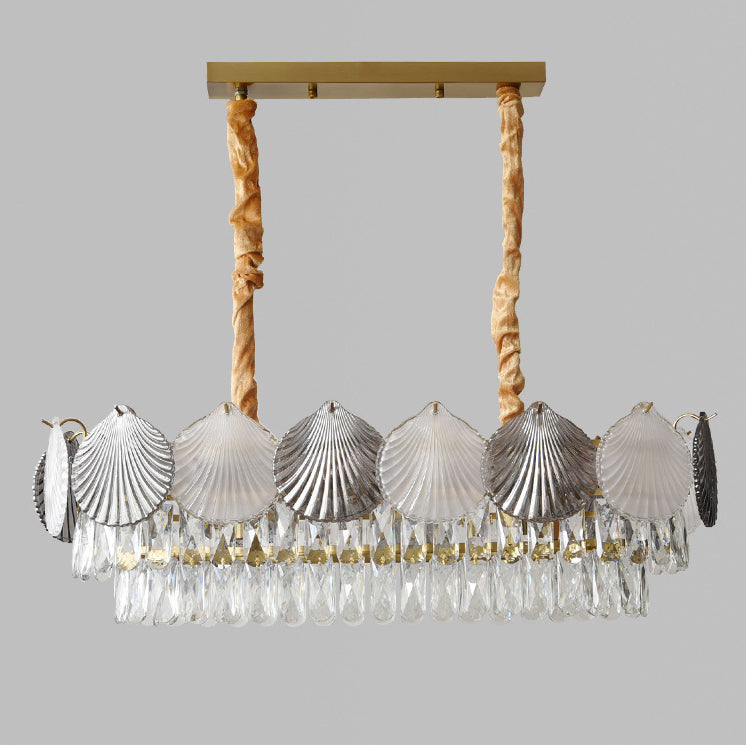 Contemporary Nordic 8-Light Rectangular Chandelier with Shell Ring Shade – Iron & Glass Dining Island Light
