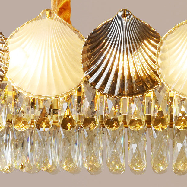 Contemporary Nordic 8-Light Rectangular Chandelier with Shell Ring Shade – Iron & Glass Dining Island Light