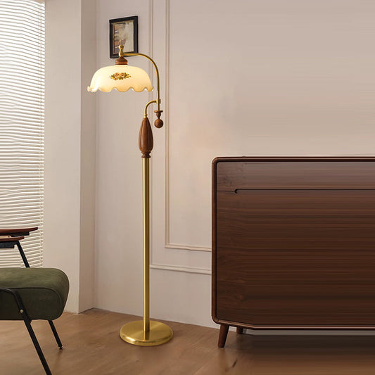 Traditional Chinese Floor Lamp – 1-Light Dome Glass Shade with Ash Wood & Metal Frame for Living Room