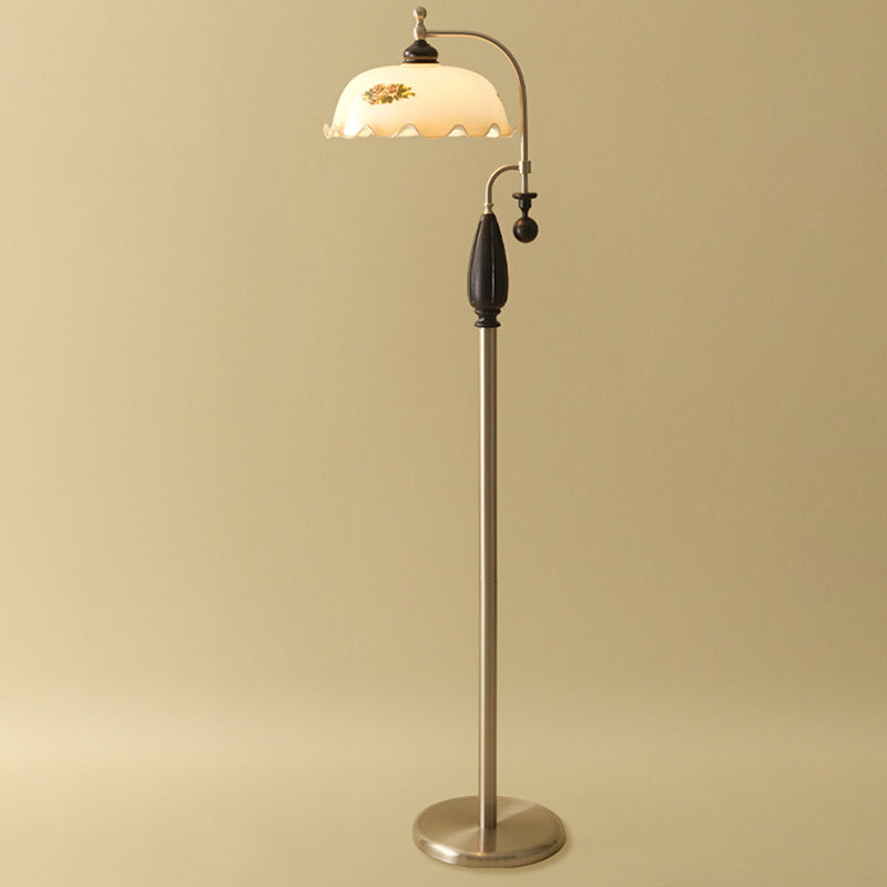 Traditional Chinese Floor Lamp – 1-Light Dome Glass Shade with Ash Wood & Metal Frame for Living Room