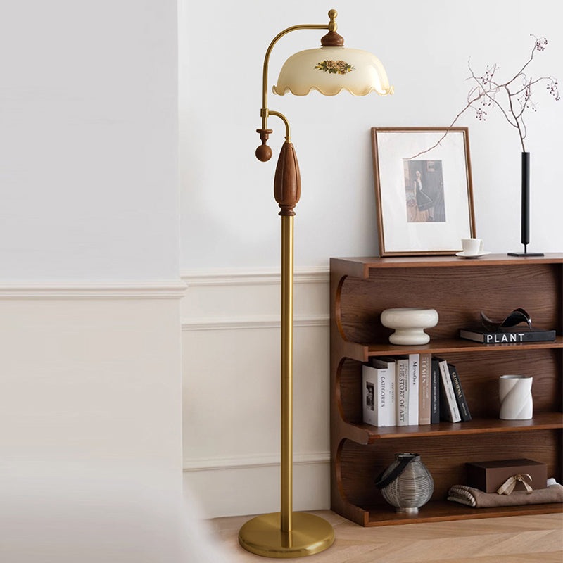 Traditional Chinese Floor Lamp – 1-Light Dome Glass Shade with Ash Wood & Metal Frame for Living Room