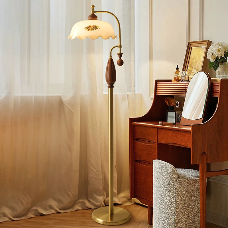 Traditional Chinese Floor Lamp – 1-Light Dome Glass Shade with Ash Wood & Metal Frame for Living Room