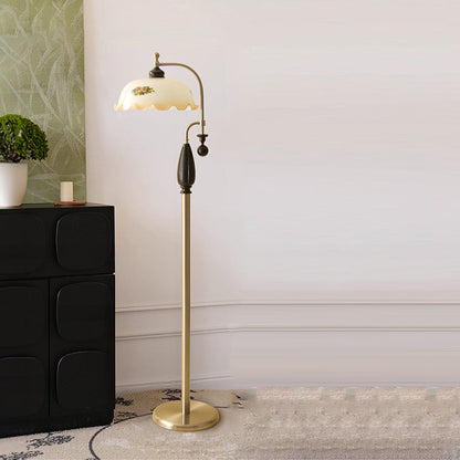 Traditional Chinese Floor Lamp – 1-Light Dome Glass Shade with Ash Wood & Metal Frame for Living Room