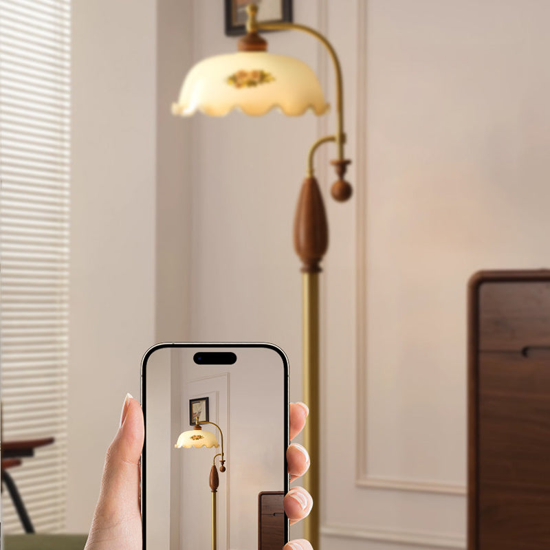 Traditional Chinese Floor Lamp – 1-Light Dome Glass Shade with Ash Wood & Metal Frame for Living Room