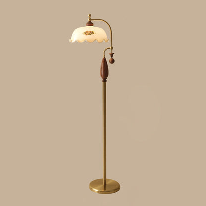 Traditional Chinese Floor Lamp – 1-Light Dome Glass Shade with Ash Wood & Metal Frame for Living Room
