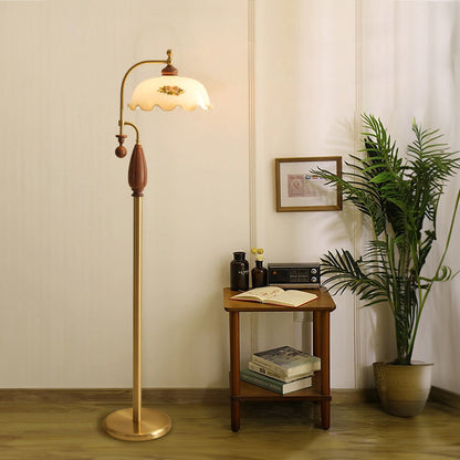 Traditional Chinese Floor Lamp – 1-Light Dome Glass Shade with Ash Wood & Metal Frame for Living Room