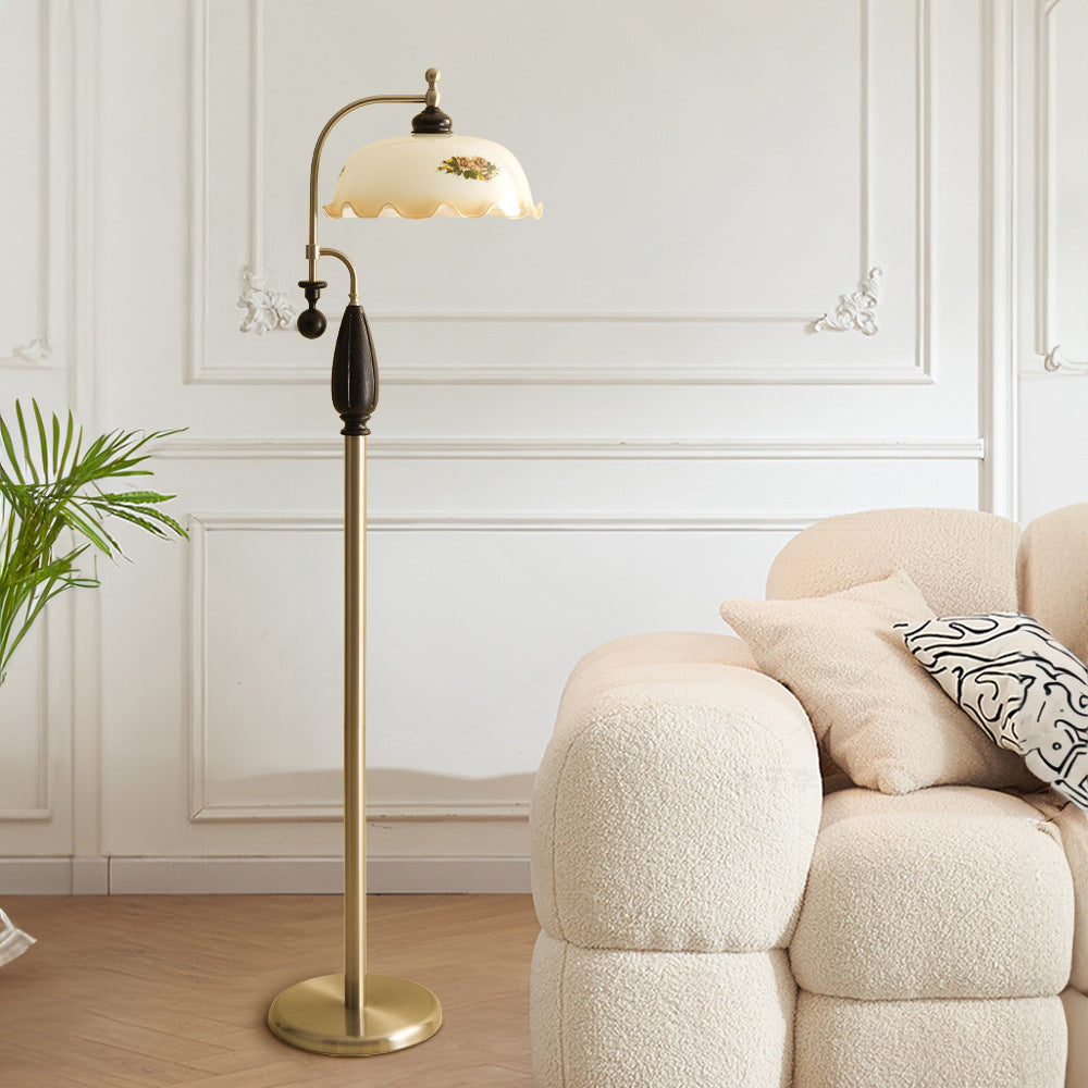Traditional Chinese Floor Lamp – 1-Light Dome Glass Shade with Ash Wood & Metal Frame for Living Room