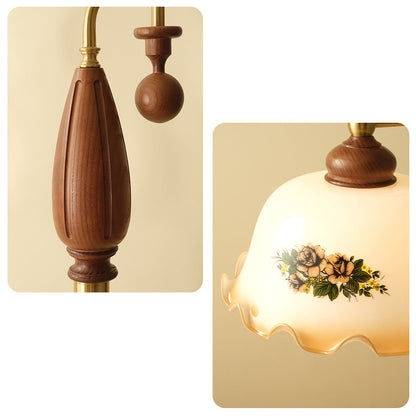 Traditional Chinese Floor Lamp – 1-Light Dome Glass Shade with Ash Wood & Metal Frame for Living Room