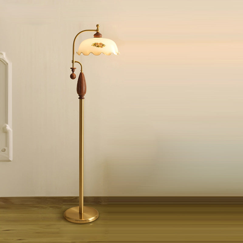 Traditional Chinese Floor Lamp – 1-Light Dome Glass Shade with Ash Wood & Metal Frame for Living Room