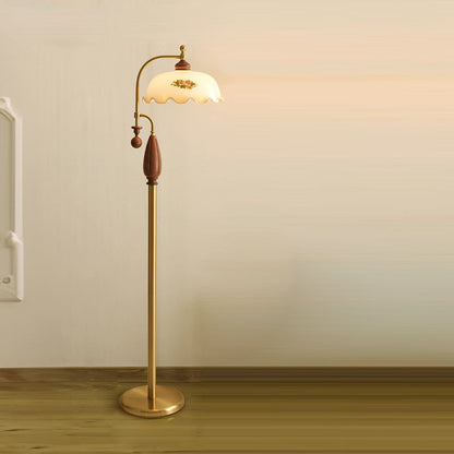 Traditional Chinese Floor Lamp – 1-Light Dome Glass Shade with Ash Wood & Metal Frame for Living Room