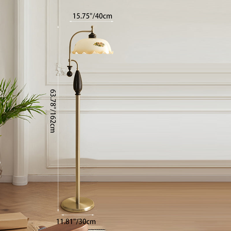 Traditional Chinese Floor Lamp – 1-Light Dome Glass Shade with Ash Wood & Metal Frame for Living Room