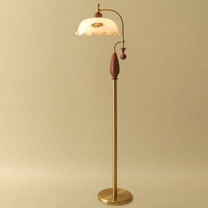Traditional Chinese Floor Lamp – 1-Light Dome Glass Shade with Ash Wood & Metal Frame for Living Room
