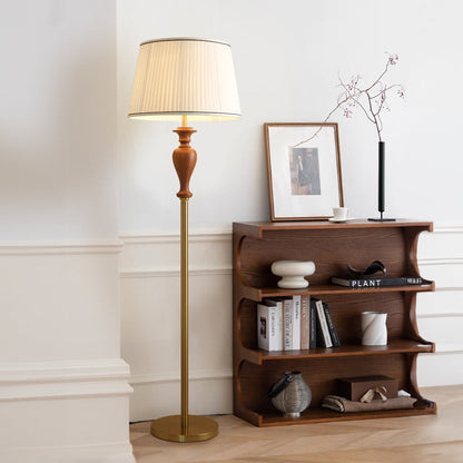 Traditional French Floor Lamp – 1-Light Standing Lamp with Tapered Fabric Shade, Ash Wood & Metal for Living Room