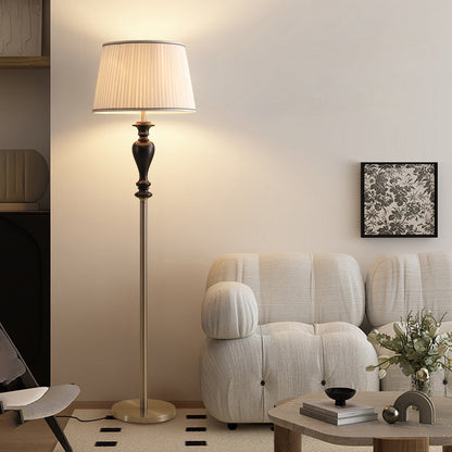 Traditional French Floor Lamp – 1-Light Standing Lamp with Tapered Fabric Shade, Ash Wood & Metal for Living Room