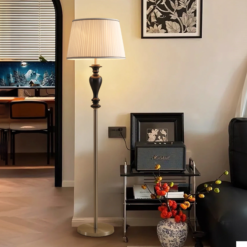 Traditional French Floor Lamp – 1-Light Standing Lamp with Tapered Fabric Shade, Ash Wood & Metal for Living Room