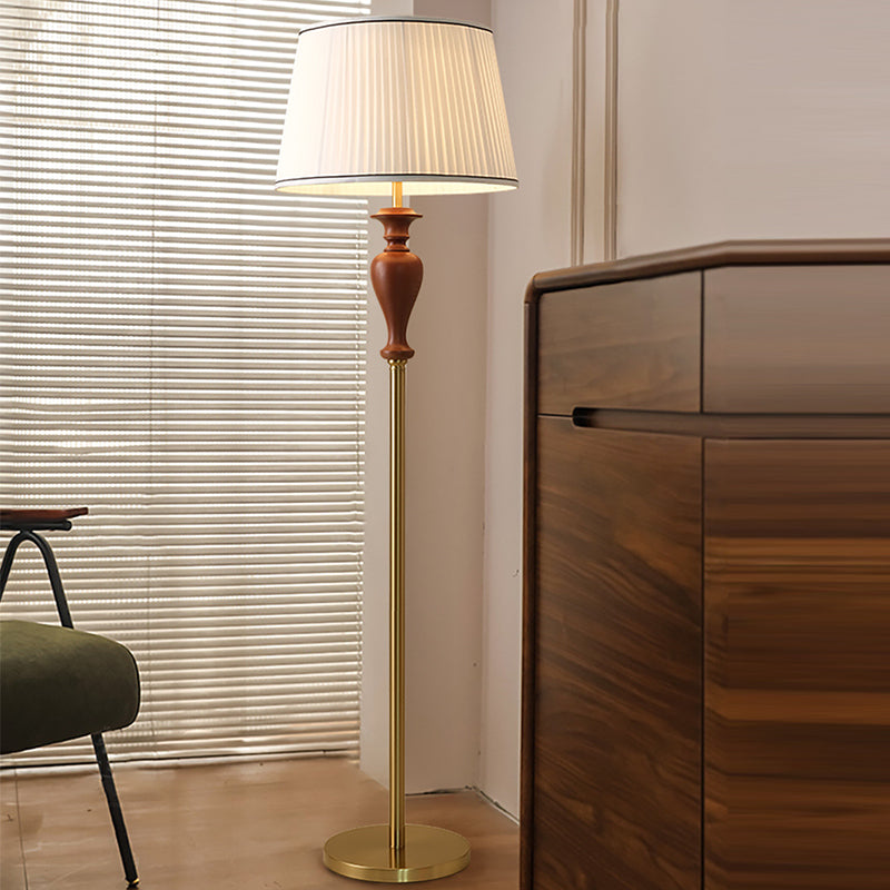 Traditional French Floor Lamp – 1-Light Standing Lamp with Tapered Fabric Shade, Ash Wood & Metal for Living Room