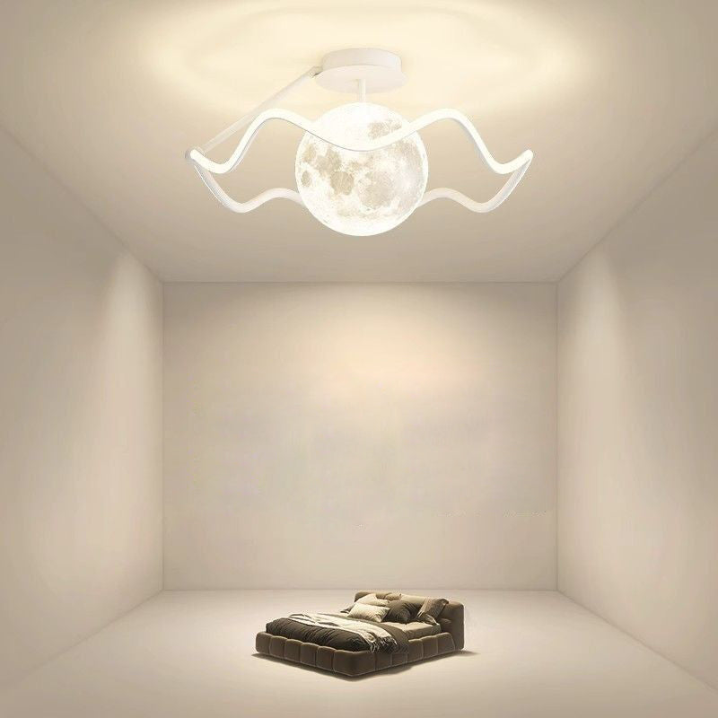 Contemporary Creative Moon LED Ceiling Light – Semi-Flush Mount in Iron, Acrylic & Silicone for Bedroom