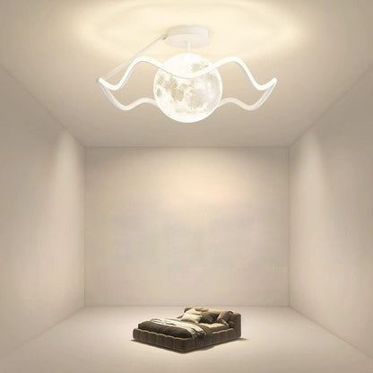 Contemporary Creative Moon LED Ceiling Light – Semi-Flush Mount in Iron, Acrylic & Silicone for Bedroom