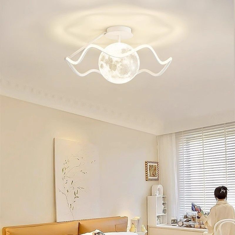 Contemporary Creative Moon LED Ceiling Light – Semi-Flush Mount in Iron, Acrylic & Silicone for Bedroom