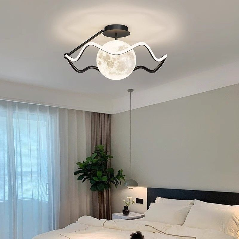 Contemporary Creative Moon LED Ceiling Light – Semi-Flush Mount in Iron, Acrylic & Silicone for Bedroom