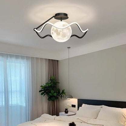 Contemporary Creative Moon LED Ceiling Light – Semi-Flush Mount in Iron, Acrylic & Silicone for Bedroom
