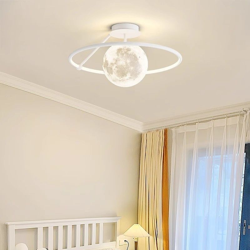 Contemporary Creative Moon LED Ceiling Light – Semi-Flush Mount in Iron, Acrylic & Silicone for Bedroom