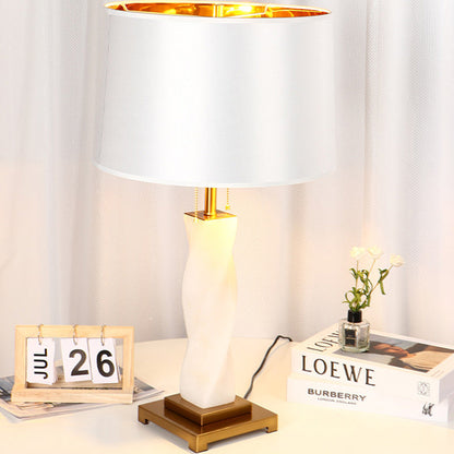 Traditional Chinese Cylinder Metal Glass Fabric 1-Light Table Lamp For Bedroom