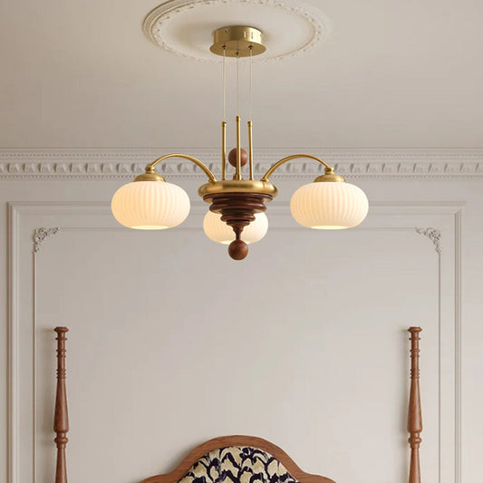 Traditional French Globe Ash Wood Glass Metal 3/6 Light Chandelier For Living Room