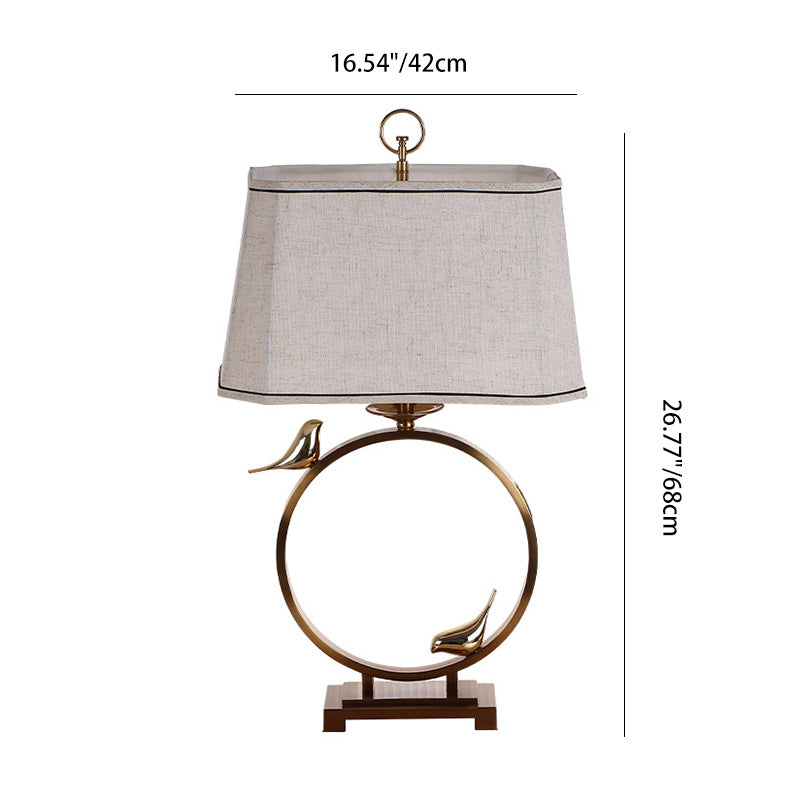 Traditional Chinese Circle Copper Metal Fabric 1-Light Table Lamp For Bedroom