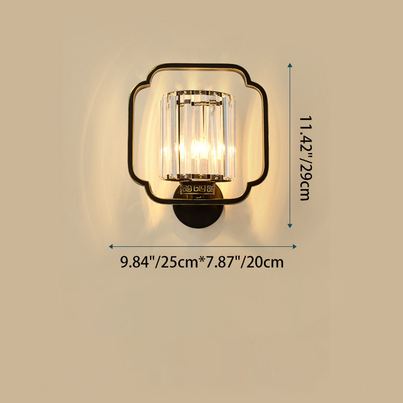 Traditional Chinese Cylinder Iron Crystal 2-Light Wall Sconce Lamp For Living Room