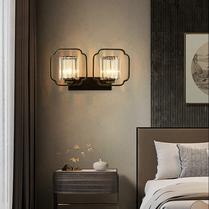 Traditional Chinese Cylinder Iron Crystal 2-Light Wall Sconce Lamp For Living Room