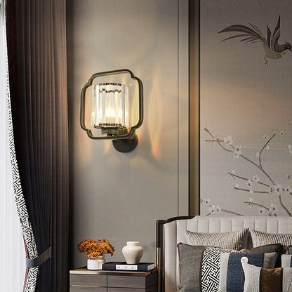 Traditional Chinese Cylinder Iron Crystal 2-Light Wall Sconce Lamp For Living Room
